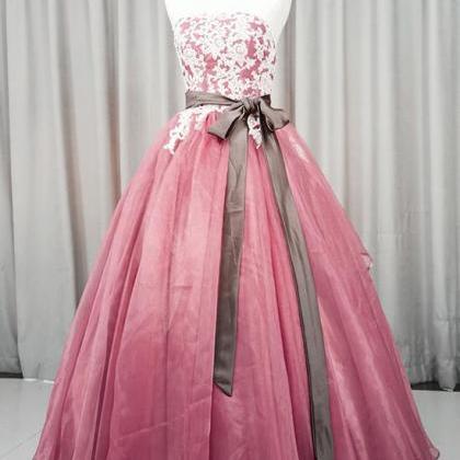 Gorgeous Dark Pink Organza With Lace Formal Gown,..
