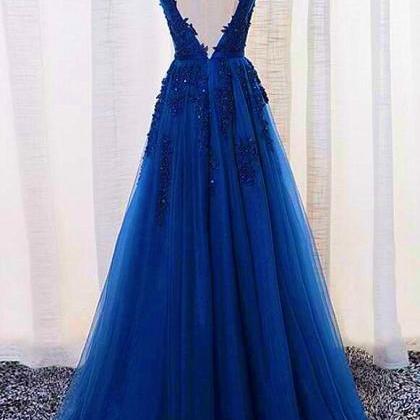 Royal Blue Long Tulle A-line Bridesmaid Dress,..