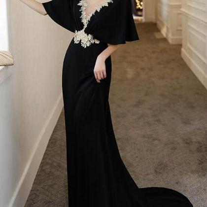 Sexy Black Spandex Long Formal Gown With Gold..