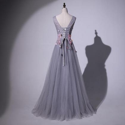 Elegant Handmade Grey Long Evening Gown, Grey Prom..