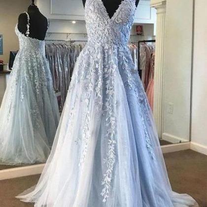 Light Blue Lace Prom Dress Long, Evening Dress,..