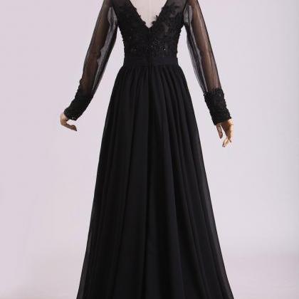 Black Evening Dresses Long Sleeves A Line Chiffon..