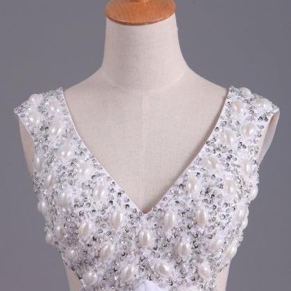 White V-neck Prom Dresses A Line Chiffon With..