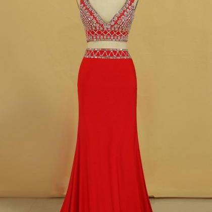 Two Pieces V Neck Prom Dresses Sheath Spandex With..