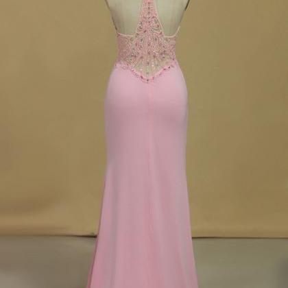 Sheath Scoop With Beading And Slit Prom Dresses..
