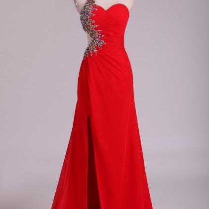 One Shoulder Sheath Prom Dresses Red Chiffon With..