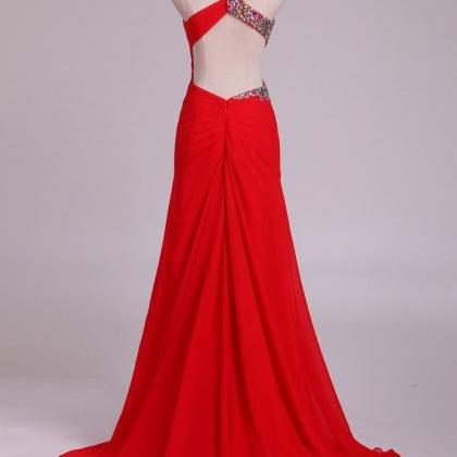 One Shoulder Sheath Prom Dresses Red Chiffon With..