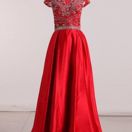 Open Back Scoop Beaded Bodice Prom Dresses A Line..