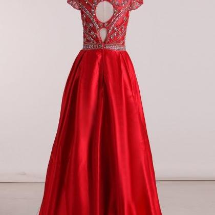 Open Back Scoop Beaded Bodice Prom Dresses A Line..