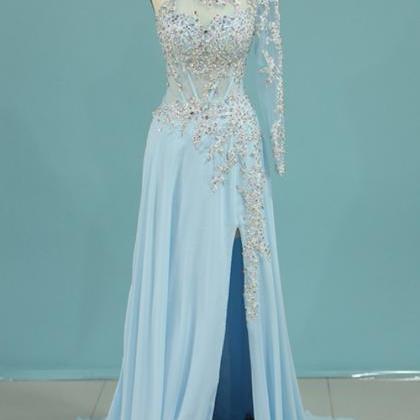 High Neck One Sleeve With Applique And Slit Prom..