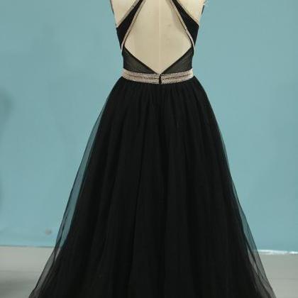 Sexy Open Back Scoop Prom Dresses A Line Tulle..