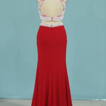 Two-piece Scoop With Beads And Slit Prom Dresses..