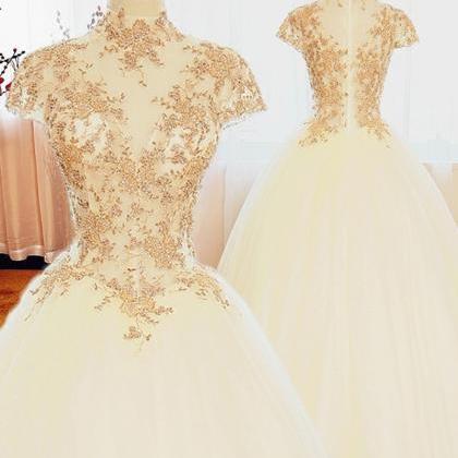 Ball Gown High Neck Cap Sleeves Wedding Dress With Gold Beading,pl5889 ...
