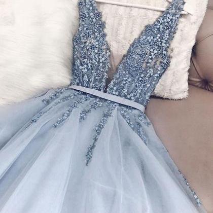 Blue V Neck Tulle Beads Long Prom Dress, Evening..