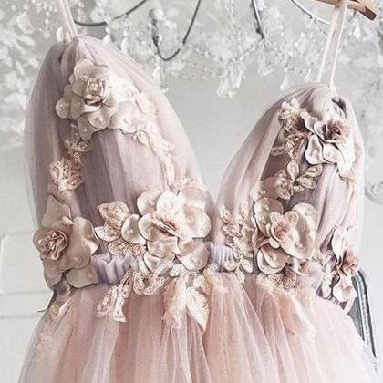 Sweetheart Neck Pink Floral Tulle Prom Dresses,..