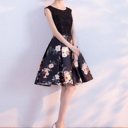 Cute Short Satin Floral Homecoming Dress With..