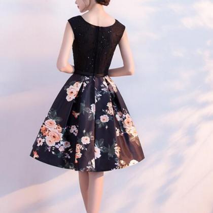 Cute Short Satin Floral Homecoming Dress With..