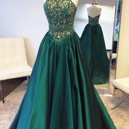 Hunter Green Prom Dress, Beaded Prom Dress, Halter..