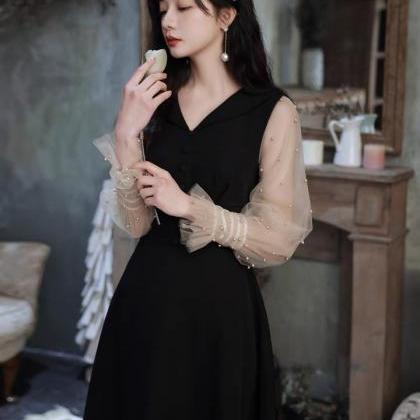 Black Evening Dress, Long-sleeve Socialite Dress,..