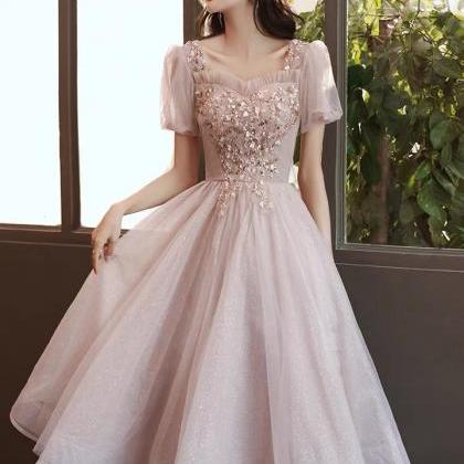 Square Collar Evening Dress, Pink Bridesmaid..