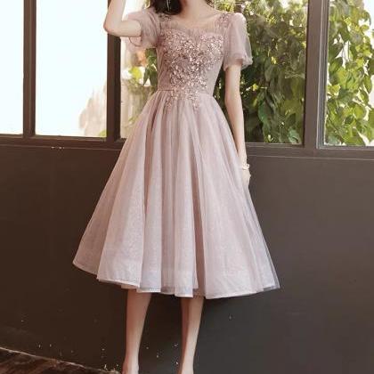 Square Collar Evening Dress, Pink Bridesmaid..