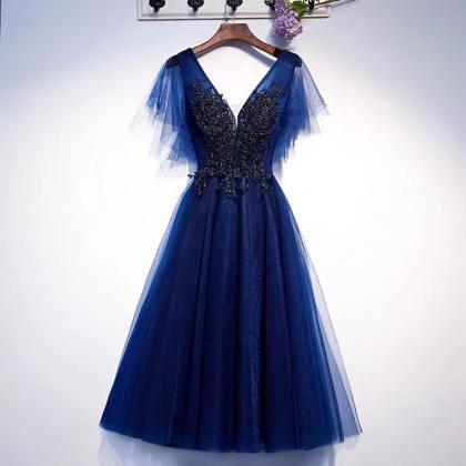 Navy Blue Evening Dress, Style, V-neck, Simple..