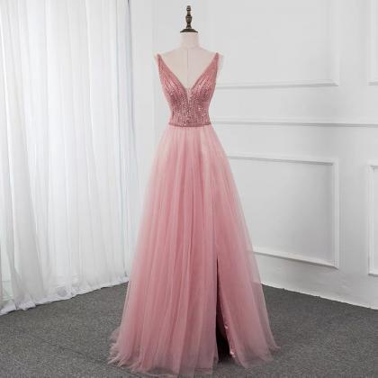 Pink Evening Dress, Temperament V-neck Prom..