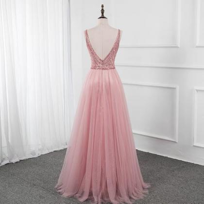 Pink Evening Dress, Temperament V-neck Prom..