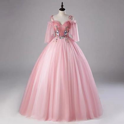 Pink prom gown, off-the-shoulder pa..