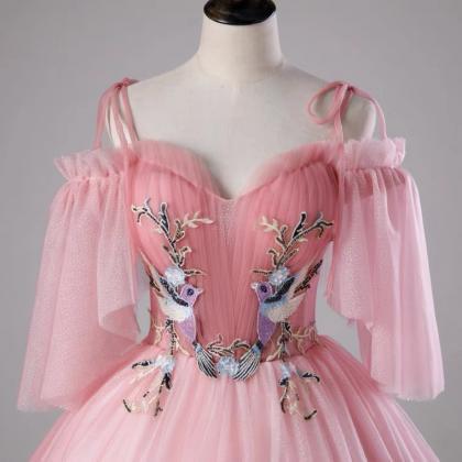 Pink prom gown, off-the-shoulder pa..