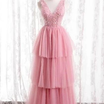 Pink Party Dress,V-Neck Formal Dres..