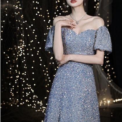 Short Sleeve Evening Dress, Blue Sequin Dress..