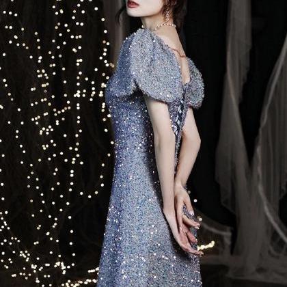 Short Sleeve Evening Dress, Blue Sequin Dress..
