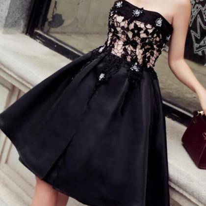 Black Satin With Lace Knee Length Prom Dress..