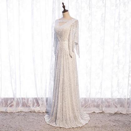 White Sequins A-line Floor Length Party Dress,..