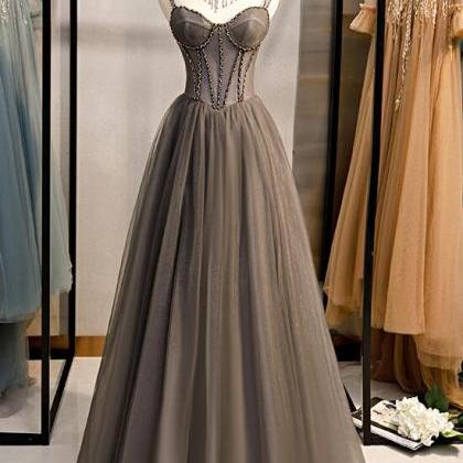 Grey Sweetheart Beaded Straps Long Tulle Prom..