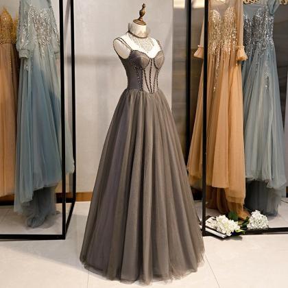 Grey Sweetheart Beaded Straps Long Tulle Prom..