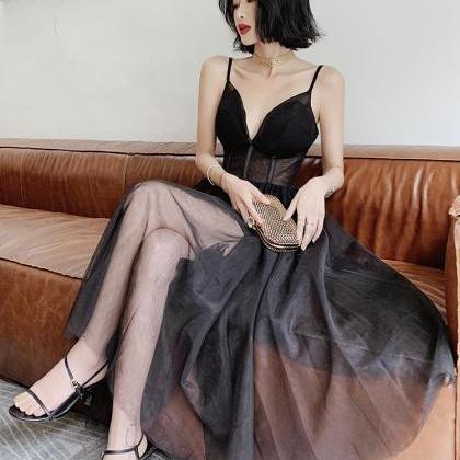 Chic Black Tulle V-neckline Party Dress With..