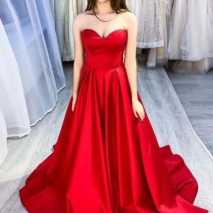Red Satin Sweetheart Simple Long Prom Dress Party..