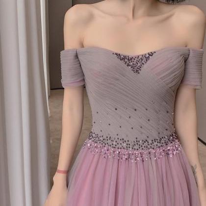 Purple Tulle Beaded Short Sleeves Long Party Dress..