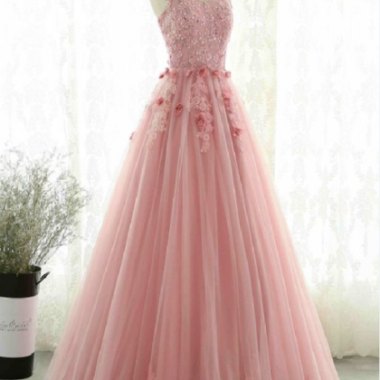 Pink Tulle Scoop Ball Gown Party Dress With Lace..