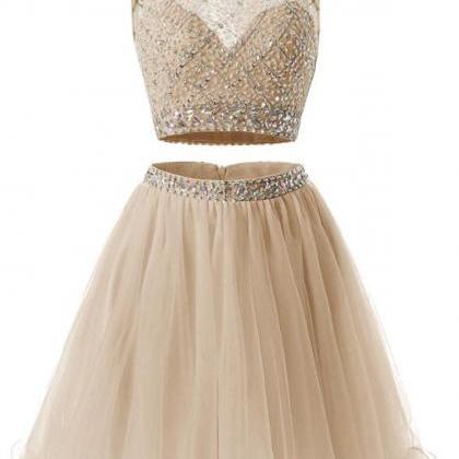 Two Piece Champagne Beaded Tulle Homecoming Dress,..