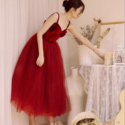 Wine Red Tea Length Velvet Top And Tulle Party..