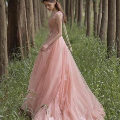 Charming Pink Tulle A-line With Flowers Long..