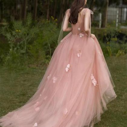 Charming Pink Tulle A-line With Flowers Long..
