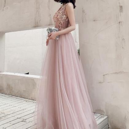 Beautiful V-neckline Pink Tulle With Lace Long..