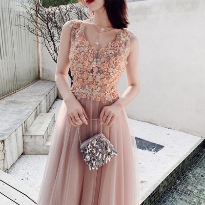 Beautiful V-neckline Pink Tulle With Lace Long..
