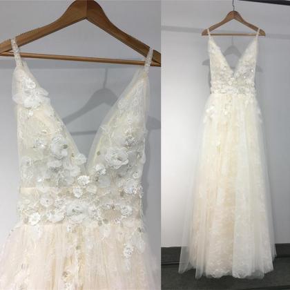 Ivory Lace V-neckline Flowers Tulle Prom Dress,..