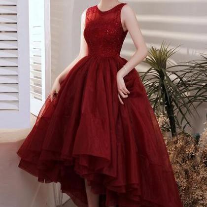 Wine Red Organza Lace High Low Chic Party Dresses..