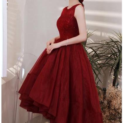 Wine Red Organza Lace High Low Chic Party Dresses..
